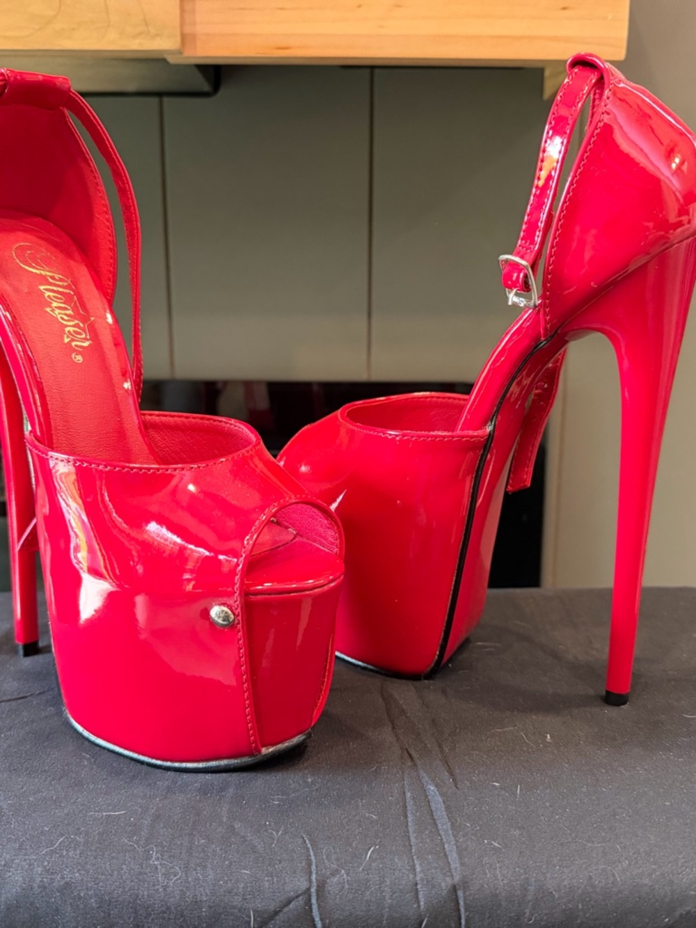 Pleaser Red Patent Platform Peep-Toe Ankle-Strap Heels 6 inch heel New